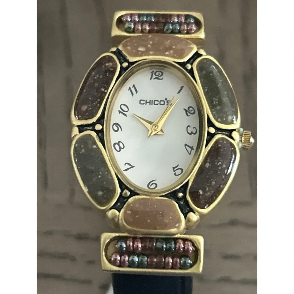 Chico's Y2K‎ Oval Gold Tone Beaded Faux Stone Watch w/ Pouch Quartz Not Tested